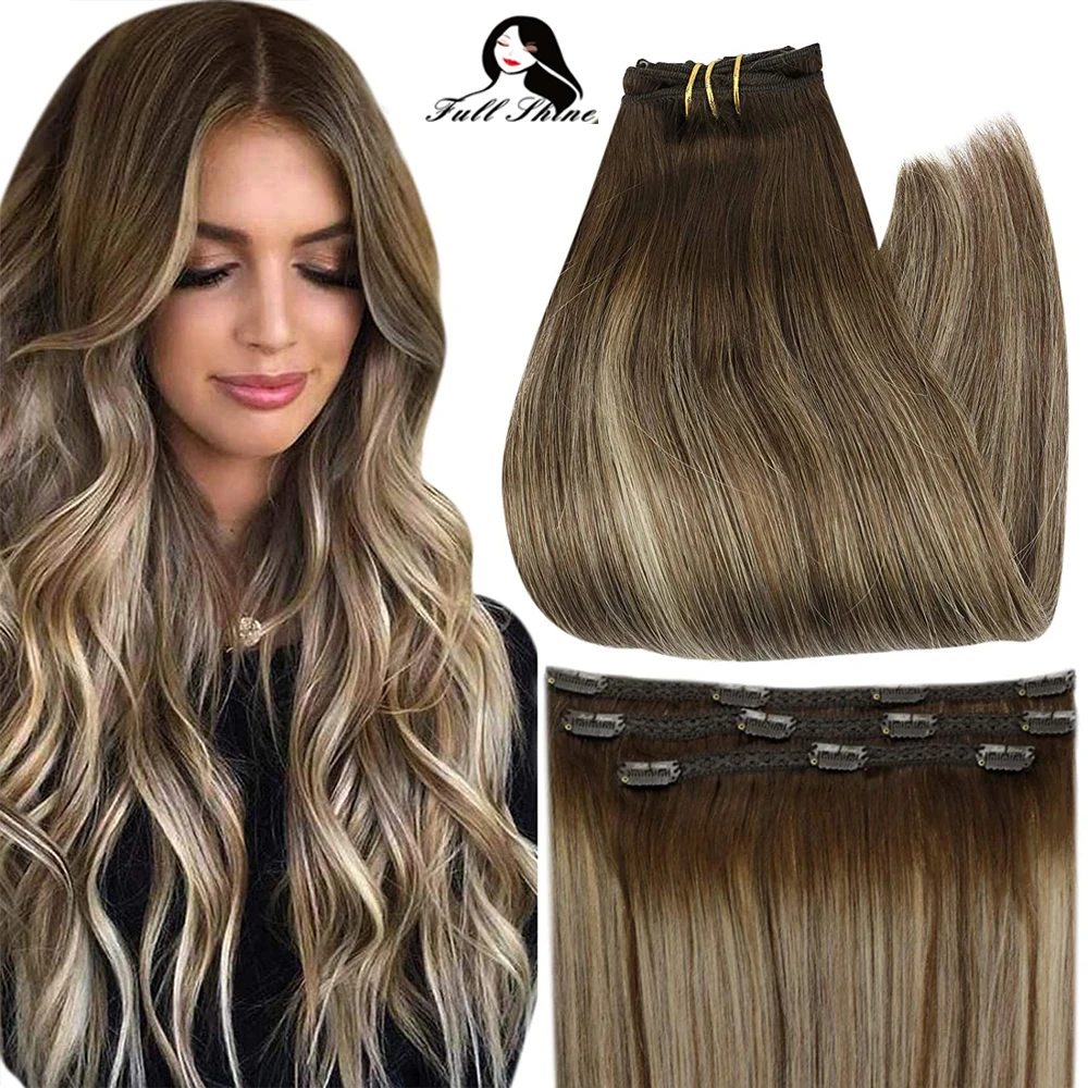 Full Shine 50 Grams Clip On Human Hair Extensions Ombre Color 3Pcs 100% Machine Remy Human Hair Hairpins Clip In Hair Extensions 18