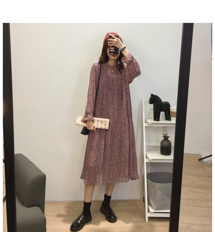 Loose-Fit Stand Collar Floral-Print Chiffon Long-sleeved Dress Autumn And Winter Women's Large Size Slimming Medium-length A- li