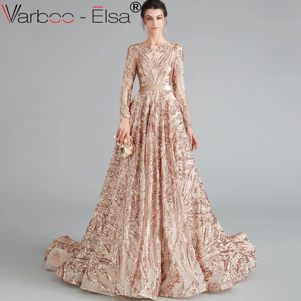 VARBOO_ELSA Формальные Вечерние платья цвета шампана Длинные Сексуальные с открытой спиной расшитые блестками А-силуэта вечерние платья длиной до пола женское платье длинное