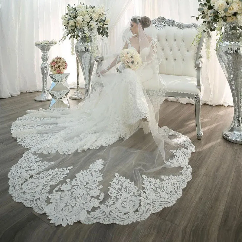 

3M Long Veil Lace Appliqued Wedding Veil Cathedral Length Appliqued White Ivory One Layer Bride Veils Bridal Hair
