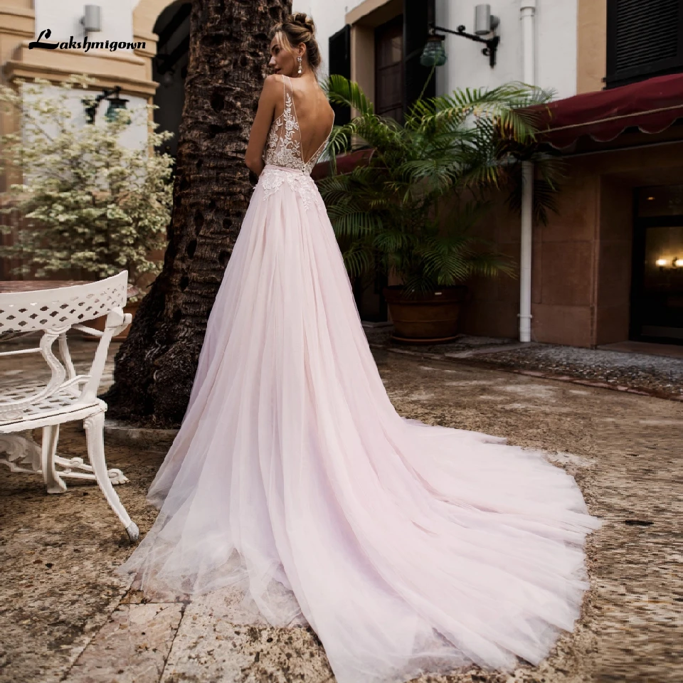 

Lakshmigown Chic Pink A Line Wedding Dress Beach 2020 Robe Mariee Bohemian Bridal Dress Spaghetti Straps Lace Bodice Party Gown