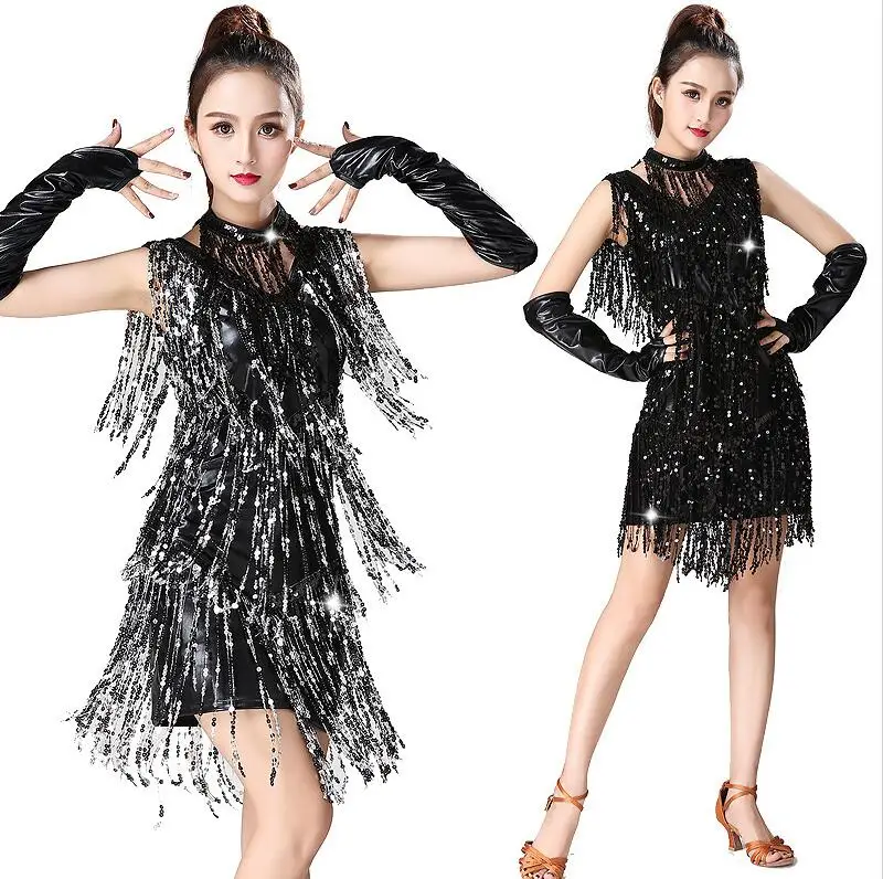 Black Silver Новое платье для латинских танцев, женские платья для латинских соревнований, сексуальные платья для сальсы/бальных танцев/Танго/ча/Румба/Самба/латинские танцевальные платья - Цвет: Black Silver