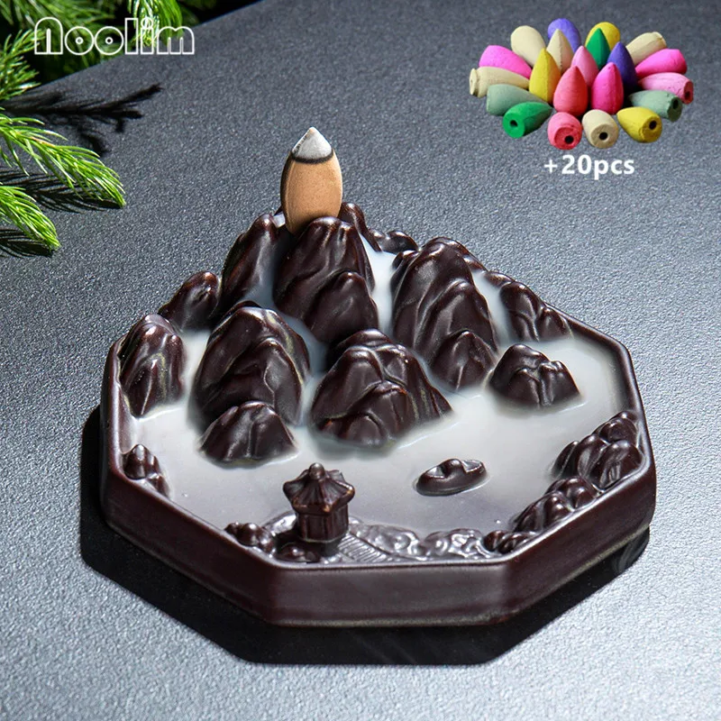 

Ceramic Mountain River Backflow Incense Burner Antique Landscape Waterfall Incense Holder Censer Home Decor + 20pcs Free Cones