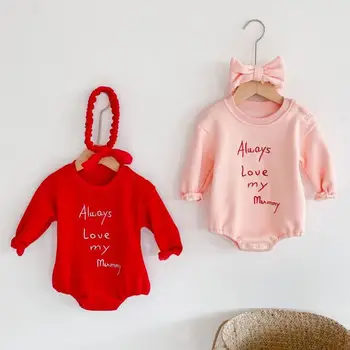 

Winter Plus Velvet Thick Baby Girl Bodysuit Fashion Letter Print Long Sleeve Infant Toddler Jumpsuit With Bow Headband Clothes