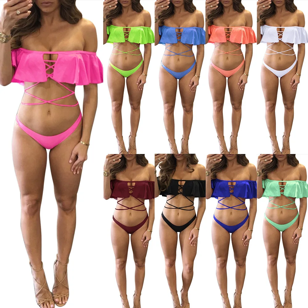 

Holiday Ruffled Bikini Set Women Bandage Slash neck 2 Two Piece sets Beachwear Bathing Suit Brazilian Swimwear dropshipping