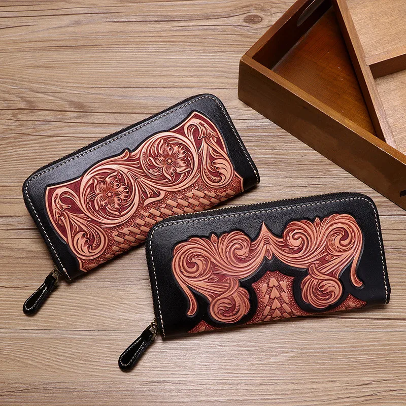 Handmad Vintage Cow Leather Wallets Embossing Curling Grass Pattern Bag Purses Women Men Long Clutch Wallet Card Holder
