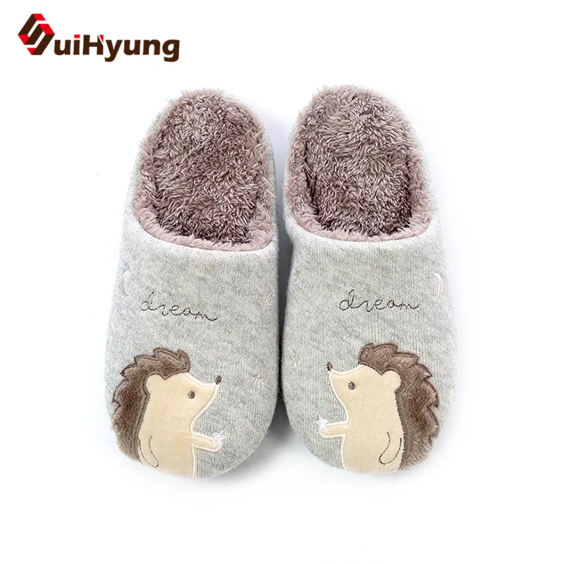 Suihyung/зимняя теплая Домашняя обувь из плюша; женские домашние тапочки с искусственным мехом; обувь для влюбленных с вышивкой в виде Ежика - Цвет: Серый