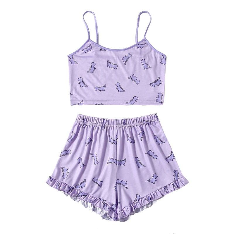 silk pajama set Summer Women Pajama Set  Cute Printed Pattern Pajamas Suspenders Sexy  Night Homewear Sleeveless Tops And Shorts  2-Piece Set plus size pajama sets