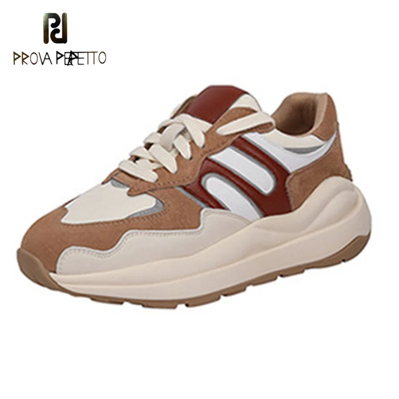 

Sports Style Round Toe Thick Bottom Color Matching Lace-up Casual Single Shoes Cowhide Stitching Pigskin Ladies Old Shoes
