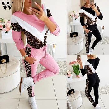 

Womail Tracksuit Women Fashion Autumn Fleece Leopard Patchwork O-Neck Sweatshirt+ Long Pant Two Piece Set Outfit Mujer Sport set