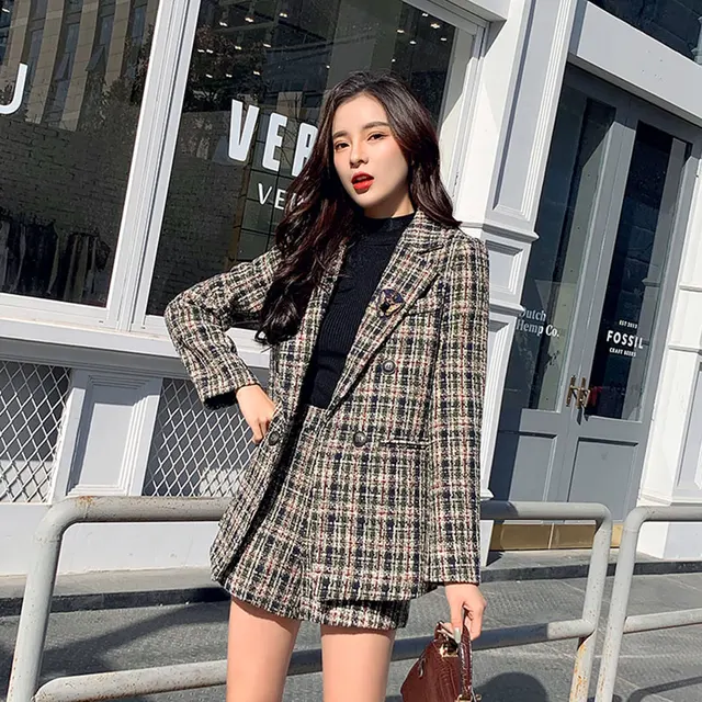 chrysanthemum passion To tell the truth Autumn Winter High Quality Women Blazer Shorts Suit Tweed 2 Piece Set  Double Breasted Jacket Plaid Woolen Short Set - Pant Sets - AliExpress