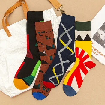 

Long Socks Happy Funny Socks Men's Socks Geometric Multicolor Patchwork Breathable Socks