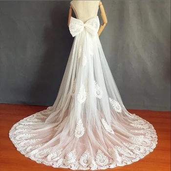 

Appliques Ivory Wedding Party Dress Train With Bow Seperate Wedding Dress Train White Removeable Tulle Train