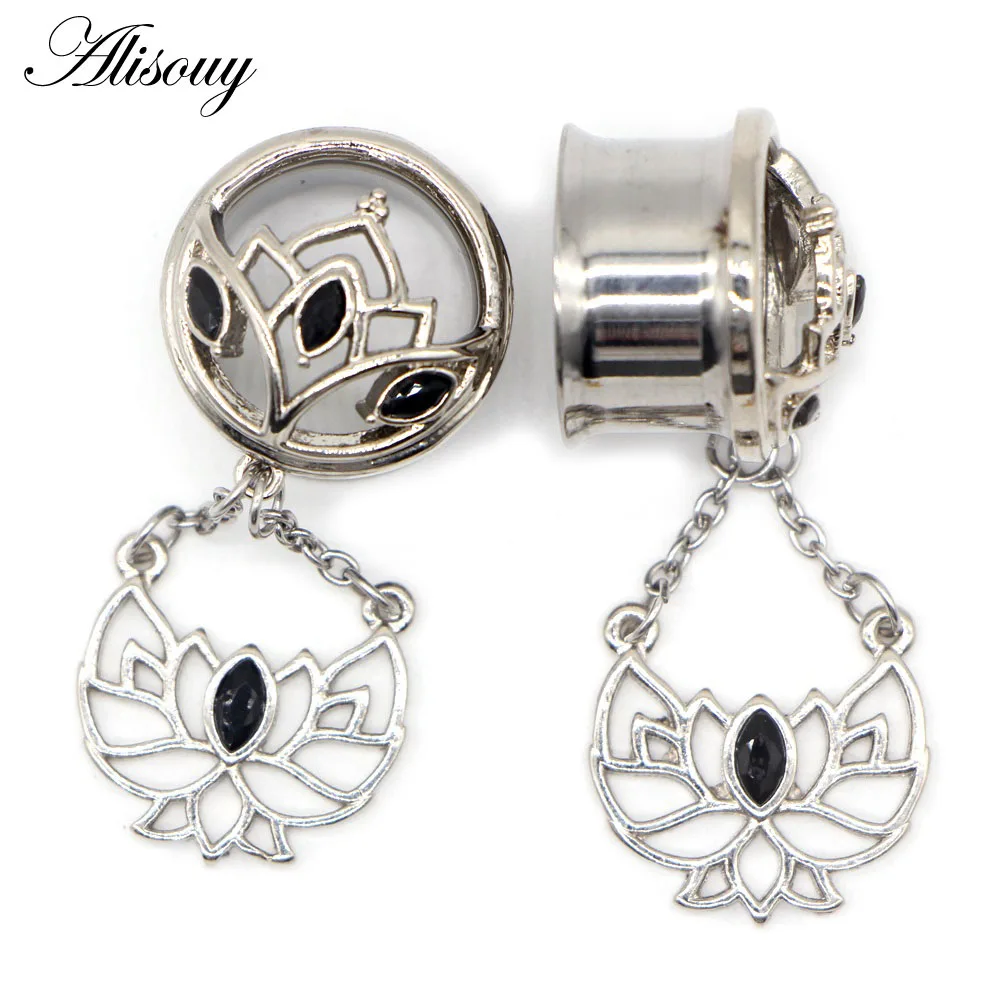 EM0877A Silver Alisouy 2 шт для пирсинга, из нержавеющей стали лотоса с цветком Висячие туннели для ушей Кристалл уха Расширение расширительные приборы тела ювелирные изделия - Окраска металла: EM0877A Silver