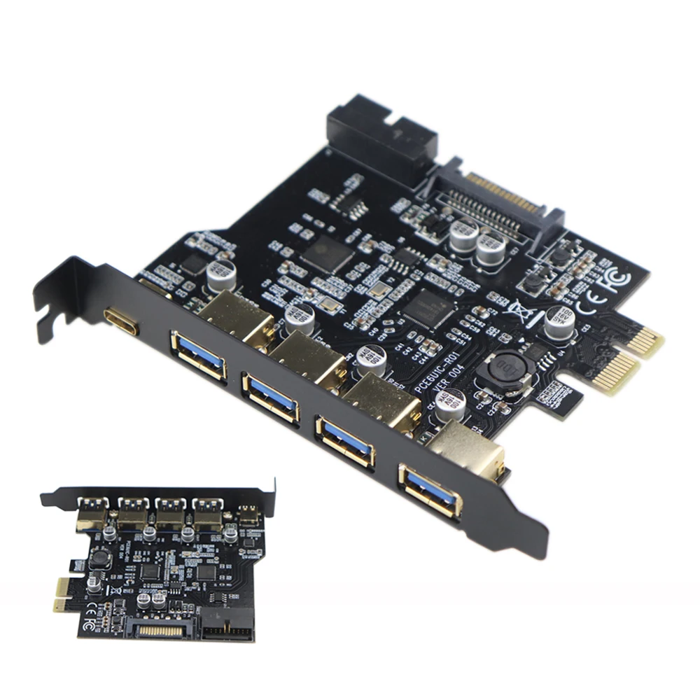 

5 Ports PCI-E to USB 3.0 1-Port Type C and 4-Port Type A PCIe Expansion Card with 15 pin SATA Power + 19 pin USB 3.0 Connector