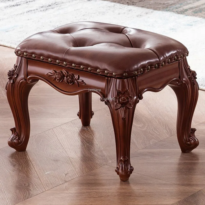 Retro Furniture American Stool Home Living Room Square European Carved Leather Sofa Coffee Table Shoe Bench |