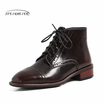 

Women Winter Ankle Boots Genuine Leather Woman shoes 2020 Fashion Retro Round Toe Lace-up Short Boots Ladies Steinmeier