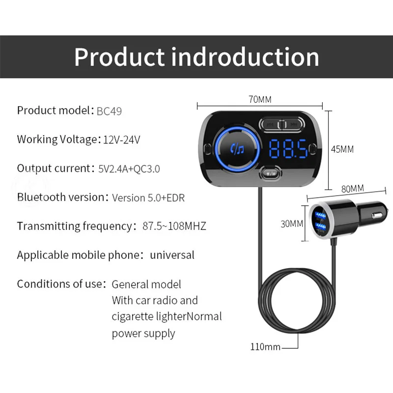 Jilang Bluetooth FM передатчик автомобильный комплект громкой связи беспроводной MP3 плеер двойной USB QC3.0 быстрое зарядное устройство громкой связи красочная атмосфера
