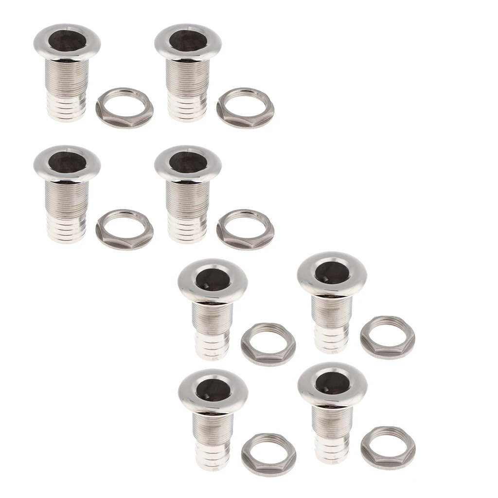 8x Boat Thru Hull Fitting/Drain 1-1/4 inch 1 inch Hose Barb, Marine Grade 316 Stainless Steel
