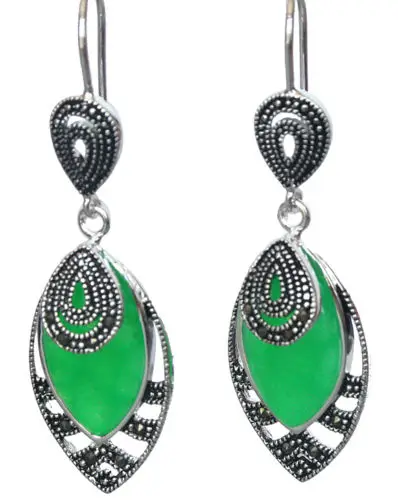

VINTAGE 925 STERLING SILVER NANTURAL Green jade Quartzite stone MARCASITE EARRINGS
