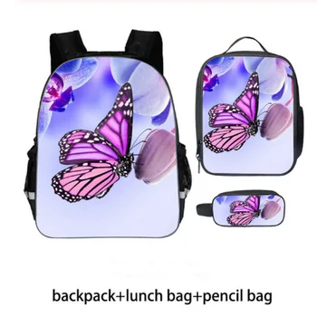 

Children 3pcs/set School Bags Kids Girls Beauty Animal Butterfly 3D Print Large School Backpacks Children Fashion Bookbags