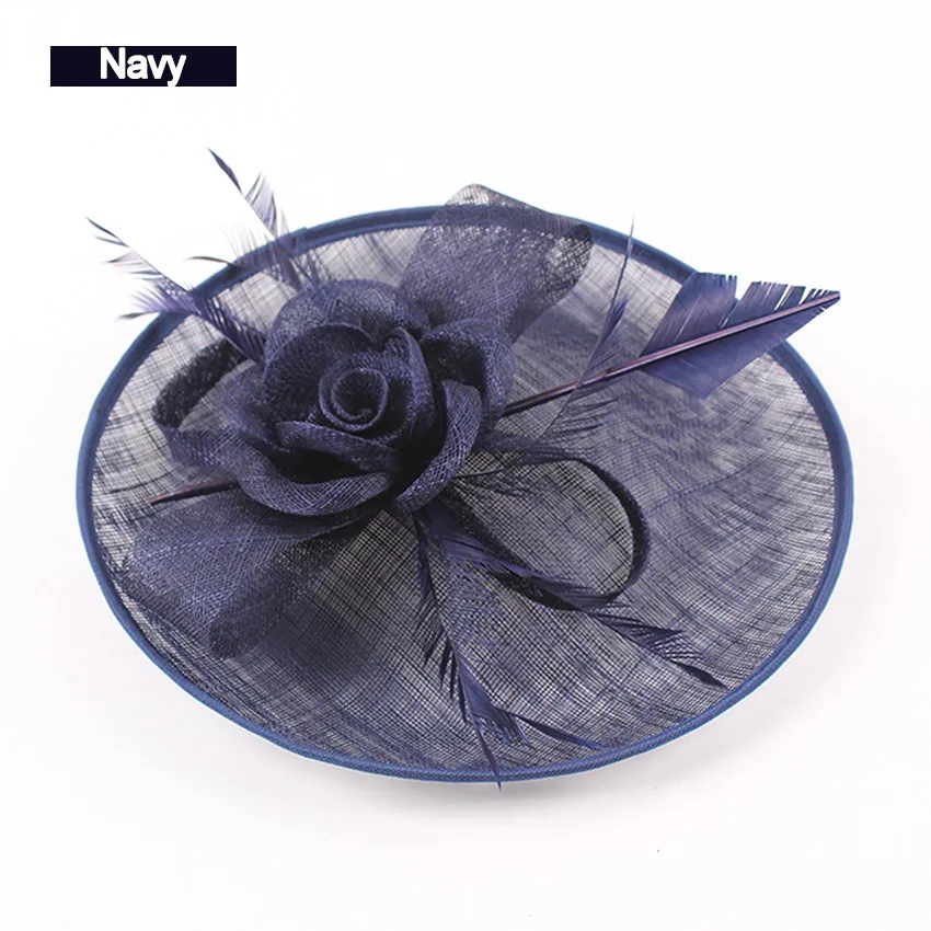 Navy blue Женский шикарный головной убор Sinamay, головной убор для коктейля, свадьбы, вечеринки, церкви, модный головной убор, официальные аксессуары для волос с перьями - Цвет: Navy blue