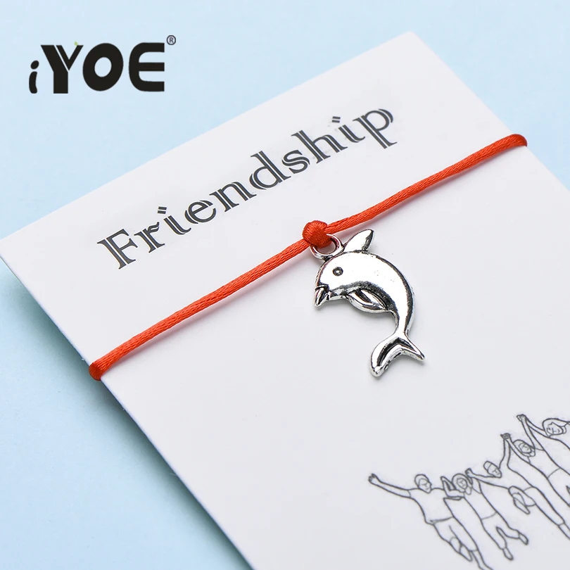 

IYOE Wish Card Friendship Animal Dolphin Charm Bracelets For Women Men Custom Braided Red Thread Bracelet Couple DIY Gift