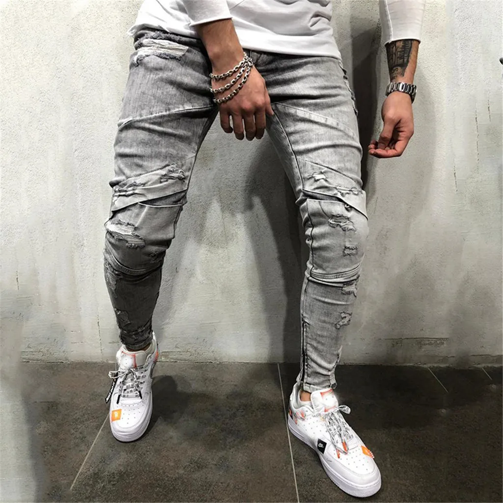 sweatpants men2019 jeans New hot SALE fashion Men's Fashion Slim Holes Pleated Pocket Jeans Pants Long Pants Casual Pants   8.28