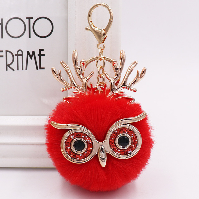 Cute Sequin Ears Owl Keychain Fluffy Artificial Rabbit Hairy Pom-pom Keychain Women's Shoulder Bag Owl Pendant Key Ring