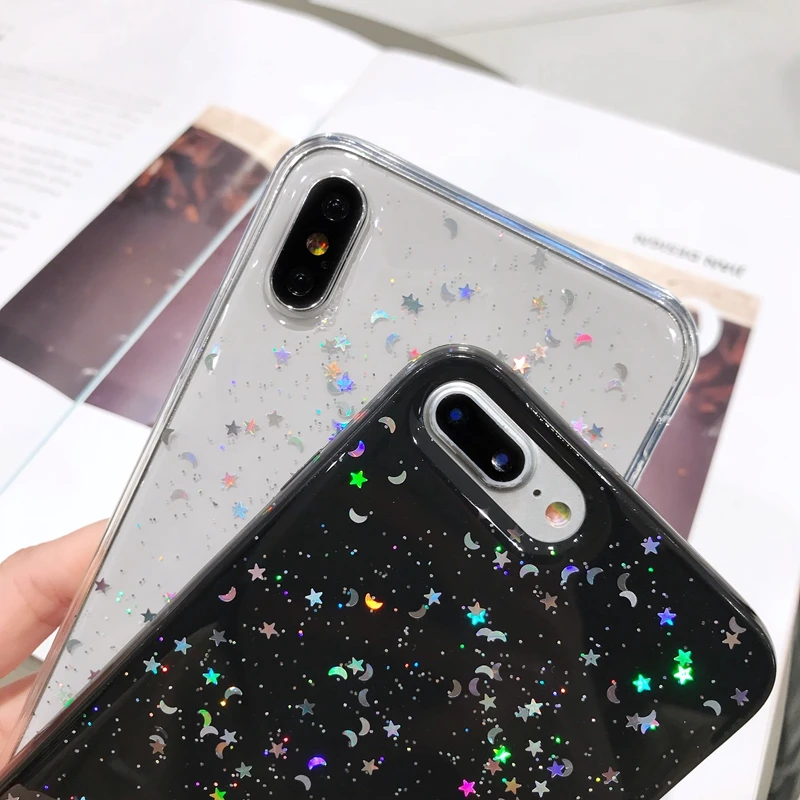 Чехол сверкающий с блестками для iPhone 11 Pro 10 X XS XR Max 6 6s 7 8 Plus SE 5S 5 звезда Луна Блестящие Блестки мягкий прозрачный эпоксидный ТПУ чехол