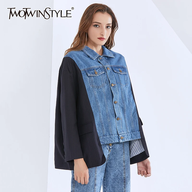 

TWOTWINSTYLE Patchwork Denim Blazer For Women Notched Long Sleeve Striped Casual Jacket Female 2020 Autumn Fashion New Clothing