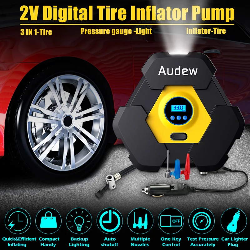 Inflatable Pool Bicycle 12V Air Compressor Tire Inflator Portable Car Air Compressor Pump Digital Display Tyre Inflator with Car Balls Motorcycle 