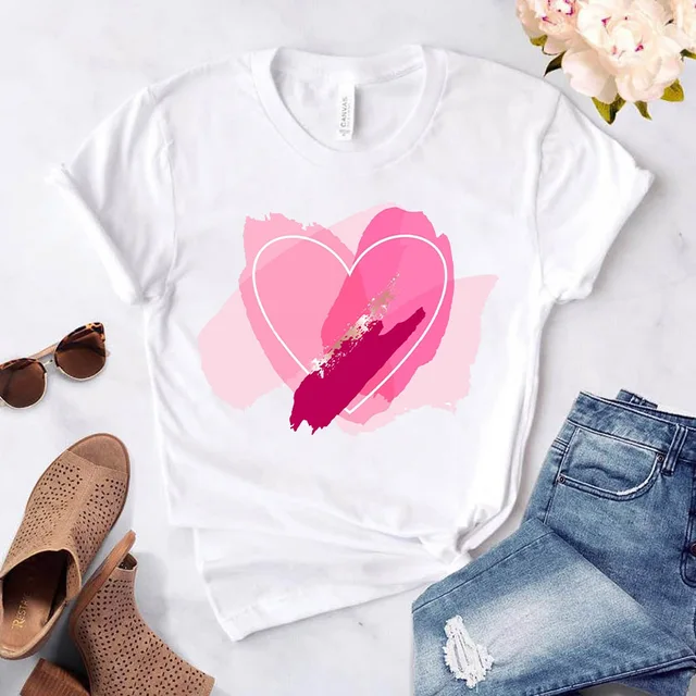 Heart flower print ladies T-shirt ladies casual basis O-collar white shirt short sleeve ladies T-shirt love graphic printing 32915