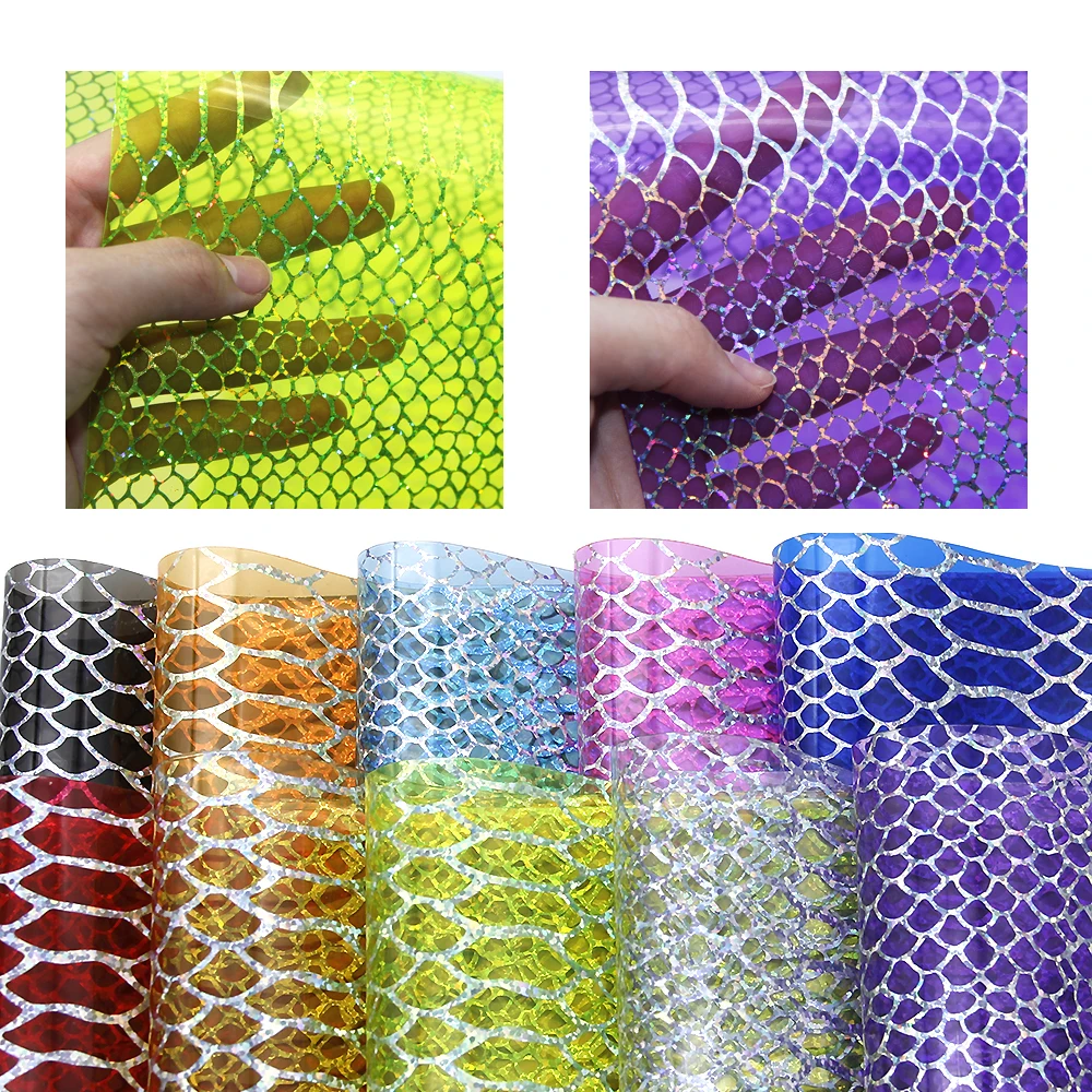 

david angie 6Pcs/Set 20*34cm Clear Fish Scale Printed Faux Synthetic Leather Fabric Sheets ,DIY Handmade Materials ,1Yc7415