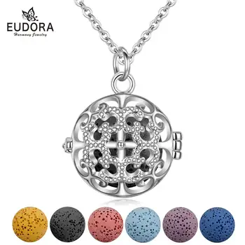 

EUDORA 14mm Aromatherapy Perfume Essential Oils Diffuser Necklace Hollow out Crystal CZ white Locket Pendant with lava ball K393