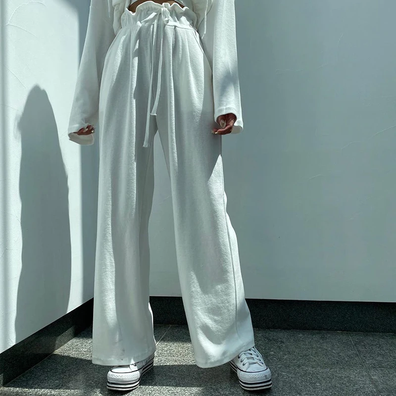 

Casual Ruffles Tie Up High Waist White Sweat Pants Elegant Women 2020 Straight Trousers Harajuku Black Wide Pant Pockets Capri