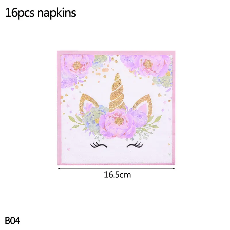 B04-16pcs napkins Свадебные украшения для детской вечеринки в честь Дня Рождения, вечерние баннеры с изображением единорога, скатерть, Одноразовые столовые принадлежности - Цвет: B04-16pcs napkins