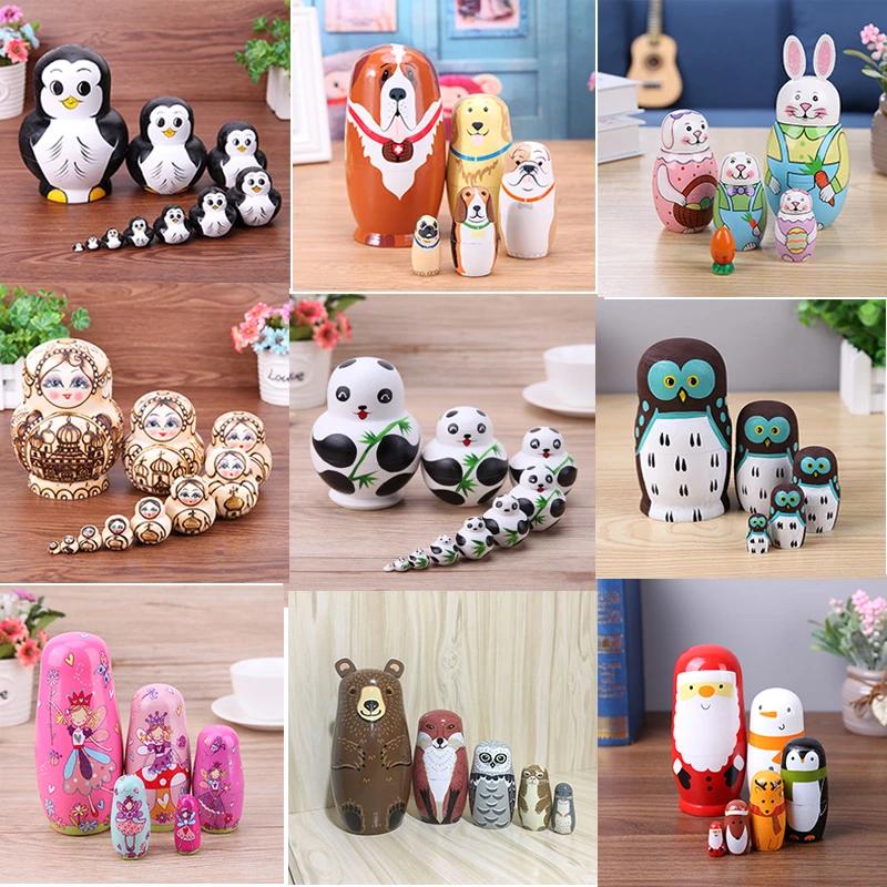 10pcs/Set Russian Matryoshka Dolls Penguin Pattern Handmade Basswood Nesting Dolls Home Decor Fun Toy Gift for Chidren star doll
