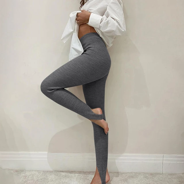 Tossy Beige Ribbed Knit Leggings Women High Waist Cotton Fitness Basic Pants Casual Spring New All-Match Female Skinny Leggings gray