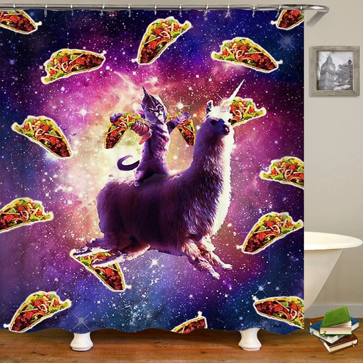 Cat Ride Llama with Taco in Galaxy Shower Curtain | Дом и сад