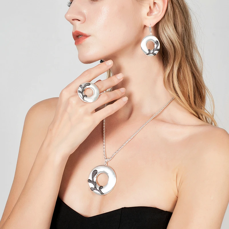 Mytys серебряный цвет большой круглый кулон ожерелье серьги наборы для женщин модные массивные Ювелирные наборы CN488