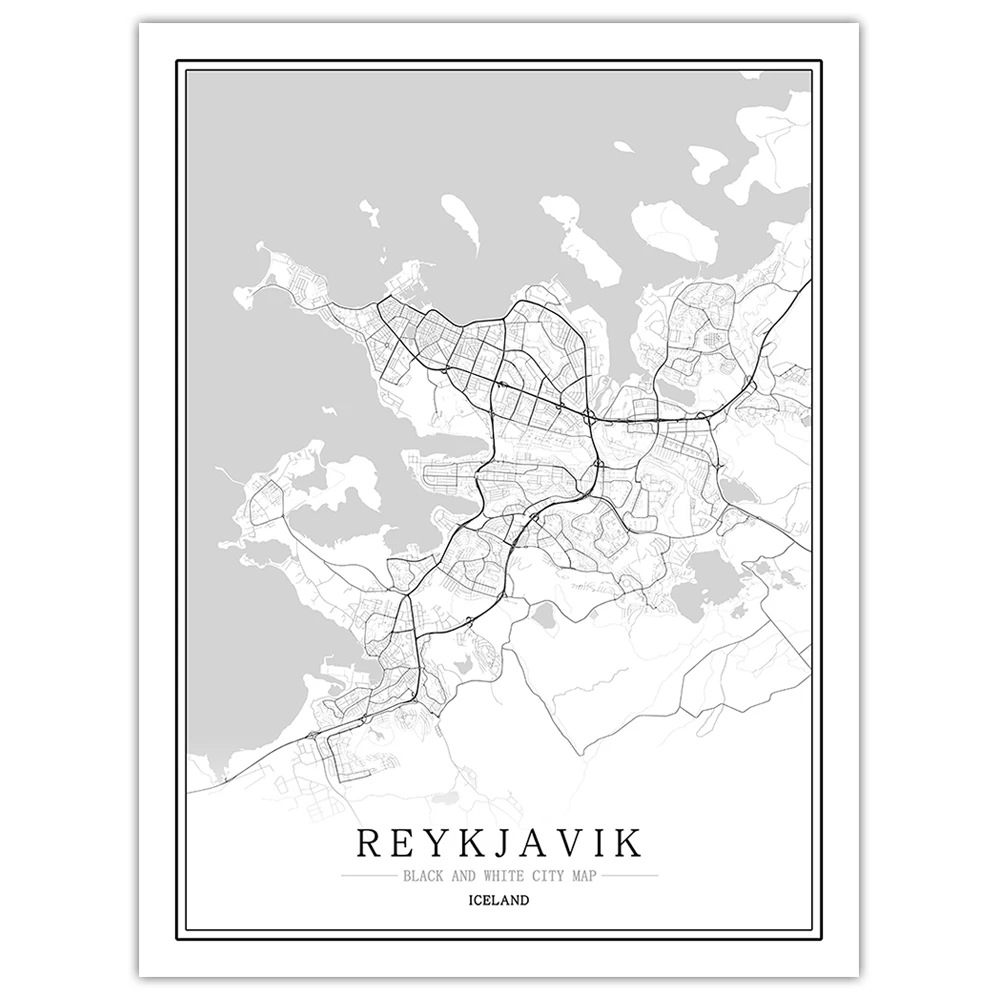 Современный город, исландский Ватикан, княгинская карта Андорра, настенные художественные картины для гостиной, черно-белые плакаты и принты, домашний декор - Цвет: Reykjavik