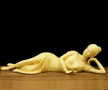 

7.1" Chinese Exquisite Box-wood Hand-carved Cheongsam Beauty Pretty Woman Statue