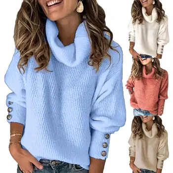 

Casual Women Sweaters Winter Warm Solid Color Turtle Neck Buttons Cuff Sweater for Women Pullover Ladies Sweaters Streetwear