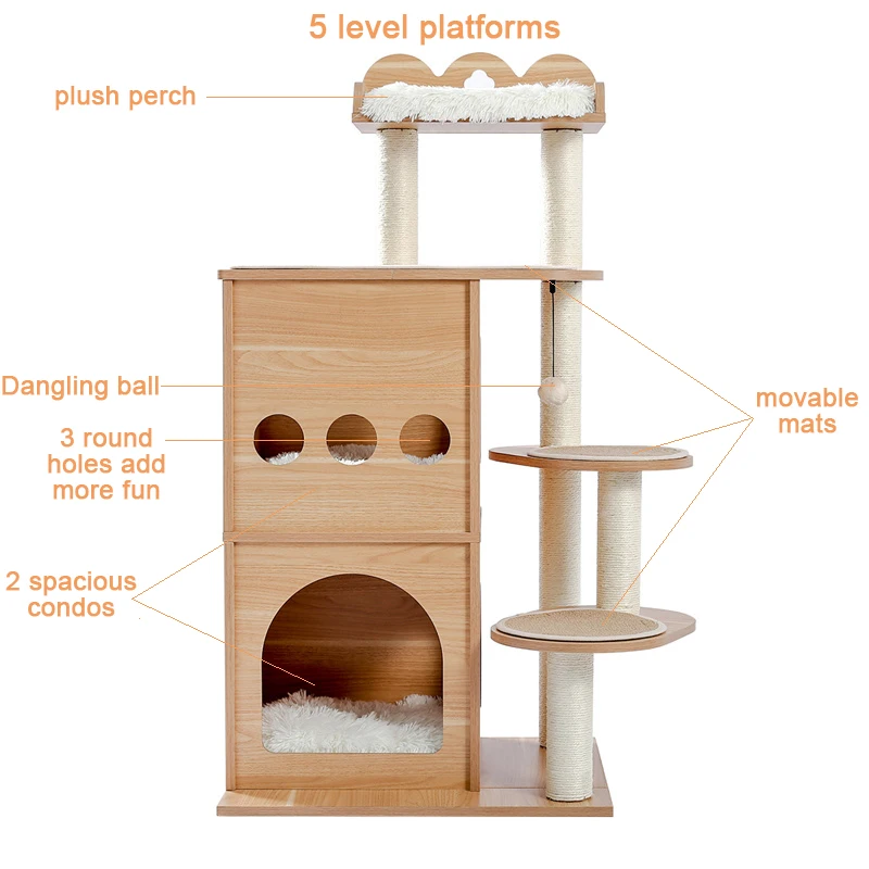 Modern Cat Tree Wooden Multi-Level Tower