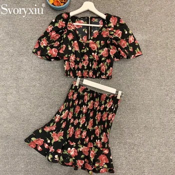 

Svoryxiu Runway Designer Women Summer Vintage Suits V Neck Floral Print Tops+Ladies Ruffles Hem High Waist Skirt Two Piece Set