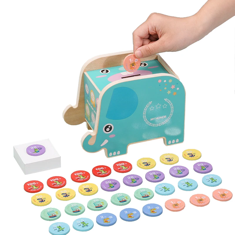 Money Saving Box Piggy Bank Wooden Password Box Kids Wooden Box Toys Elephants Piggy Bank Digital Coins Saving Simulated Games Early Educational Wooden Learning Toys For Baby