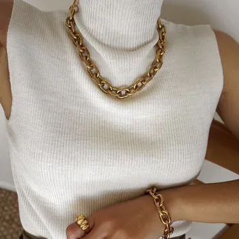 

J.hangke Gold Rustless Women Crude Chain Bracelet Necklace Set Unisex Classic fashion Punk stainless steel jewelry Bracelets