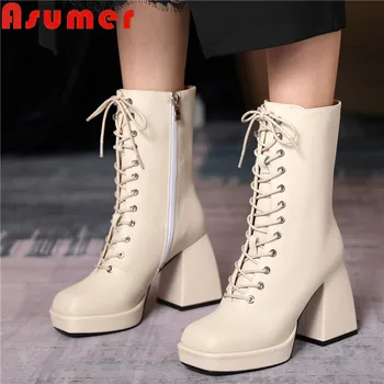

ASUMER High Heels Boots Women Genuine Leather High Heeled Botas Mujer Shoes Woman Ladies Autumn Winter Short Ankle Boots Women