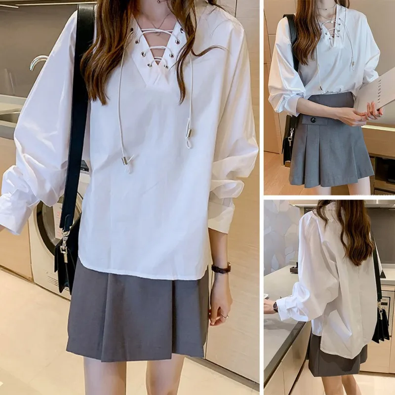 Shirt women's shirt new fashion V-neck slim loose thin white straps shirt women's long sleeves rich design shirt top outwear